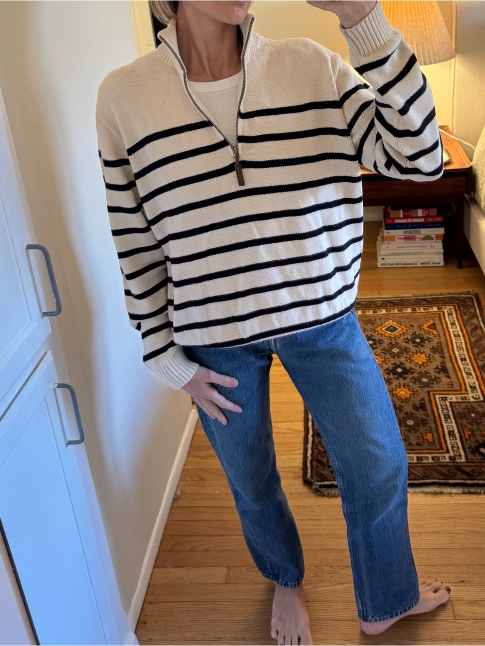 Vintage Cream and Black Striped V-Neck Sweater